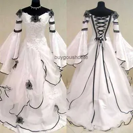 Vestidos de noiva medieval preto e branco vintage mangas de flare longa