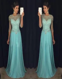 Chic Illusion Blue Prom Evening Dresses ALine Sheer Neck Rhinestones Major Beaded 34Long Sleeves Chiffon Formal Party Gown Celeb3820393