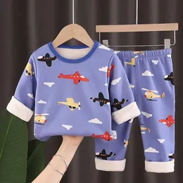 Pyjamas vinter barnkläder set pojkar flickor tjocka barns dinosaurie pyjamas baby heta underkläder pajamas d240515