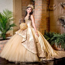 Vestido de 15 Anos Gold Quinceanera Abites 2022 Applique in pizzo in rilievo Sweet 16 Abito Sweetheart Pageant Gowns Sweep Train 257D