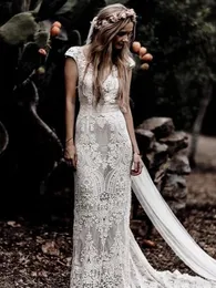 Abiti da sposa boho in pizzo di cotone abiti da sposa sirena lunghi maniche ricoperti