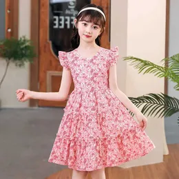 Mädchenkleider 2023 Jugend Sommer Baby Flughärme rosa Kleid Spitze Kleidung Schulter falten enge Top 5-14 Jahre alt D240515