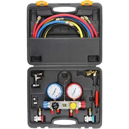 4 Way Diagnostic Marue Set Set, подходит для хладагентов R134A R410A и R22, с 5 -футовым шлангом, 3 адаптерами бака, регулируемыми соединениями и могут нажать