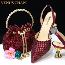 Chan Pointed Toe Heels for Women Elegant Party Wine Color Full Diamond Pumps Italian Shoes and Bags Matching Set 240423