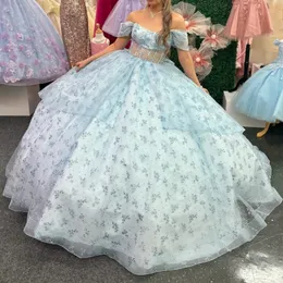 Sparkly Sky Blue Quinceanera Dress Off The Shoulder Ball Gown Beading Tull Mexico Corset Sweet 16 Vestidos De 15 Anos