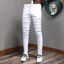 Summer Mens White Jeans Casual Cotton Slim Fit Straight Pants Herr Fashion Streetwear Ripped Patches Denim Trousers 240515