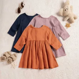 Mädchenkleider Herbst Kinderkleid Kleid sommerhimmellose Wäsche Baumwolle geeignet für kleine Kinder und Mädchen mit plissierten Kanten solide Langarmgeburtstag GI D240515