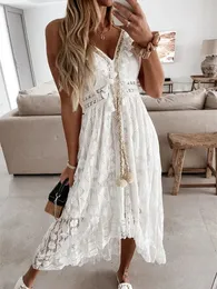 Spitze Bohemian Style Langes Kleid Damen Indidene Farbe Deep V-Ausschnitt Ärmel und Strandanzug hoch getailte A-Linie Sommer Wildsuspender Dress 240515