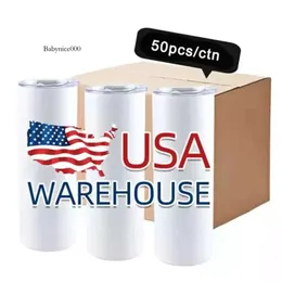 US Warehouse Sublimation Blanks Tumblers 20oz من الفولاذ المقاوم للصدأ أكواب مستقيمة الأغطية البيضاء مع الأغطية وزجاجات هدية نقل حرارة القش 0516