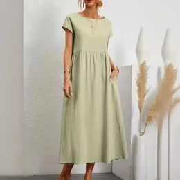 Lässige Kleider Sommer Feste Maxikleiste Frauen elegante Baumwollwäsche Kurzarm O Hals Taschen Lose Sundress weiblich Harajuku Long