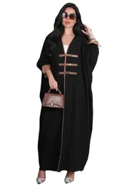Ethnische Kleidung Eid Muslim für Abayas Frauen Lederknopf Abaya Strickjacke Jalabiya Party Arabische Kleider Split Slve Kaftan Vestidos Long Robe T240515