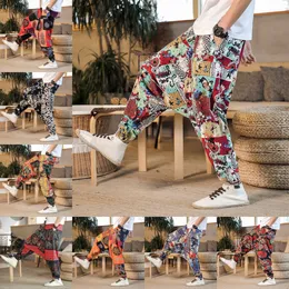 Upuść krocze drukowane joggery trausers men harem spodnie mody streetwear hip hop workowate m-3xl szerokie noga dziewięć punktów męskie