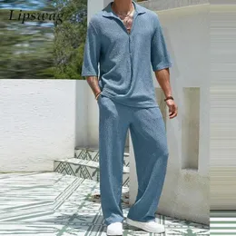 Frühlings Sommer Casual Cotton Shirts und Hosen Anzüge Männer Vintage Halbärmel Unregelmäßige Strickjacke zweiteilige Sets Herren -Outfits 240430