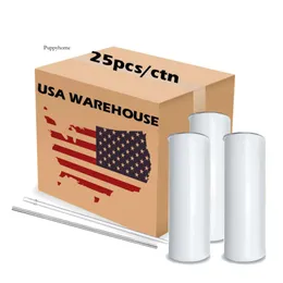 25Pc/Carton Wholesale USA Warehouse 20Oz Sublimation Blanks Tumbler Straight Double Wall Stainless Steel Car Mugs With Plasitc Straw And Lid 916 0516