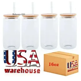 USA CA CA Stock 16oz Sublimação vidro em branco Bamboo tampa de cerveja fosca pode borossilicar copos de jarra de pedreiro com palha de plástico 50pc/c 4.23 0516