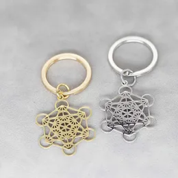 Keychains Lanyards Rostfritt stål Metatron Cube Pendant Keychain Meditation Key Chains Religiosus Symbol Keyring Sacred Geometry Jewelry Gift Y240510