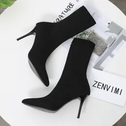 Boots Luxury Square Toe Sexy Stiletto Knit Socks Boots Stretch High Heel Mid-Tube All-Match Fashion 230223