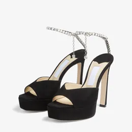 Fashion Sandals Pumps SAEDA SANDAL PF 125 mm Black Suede High Heels Italy Women Crystal Ankle Chain Decoration Peep Toe Platform Designer Evening Dress Sandal EU 35-43