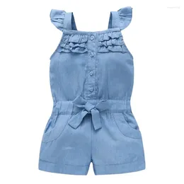Kläder sätter barnflickor rompers denim blå bomull tvättade jeans ärmlös båge jumpsuit 0-5t