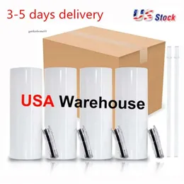 US CA Warehouse 25pcs/Carton 20oz Sublimation Tumblers Straight Blanks White 304 Stainless Steel Vacuum Insulated Slim DIY Cup Car Coffee Mugs Party Gifts 328 0516