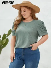 Gibsie Plus Size Solid Oneck Leg of Button Blouse Women Fashion 2023 Летний офис повседневные женские блузки 240508