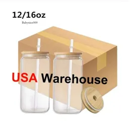 USA Canada Warehouse 16oz Printed DIY Sublimation Mug Glass Bottle Beer Can Tumbler Water Cup With Bamboo Lidと再利用可能なストローアイスコーヒー0516