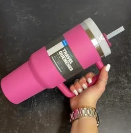 US stock 40oz Hot Pink Mugs Stainless Steel Tumblers Mugs Cups Handle Straws Big Capacity Beer Water Bottles Outdoor Camping with Clear/Frosted Lids 0516