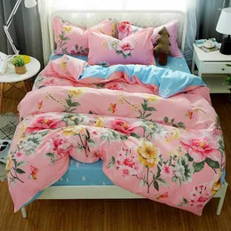 Sängkläder sätter pionblommor blå rosa set kinesisk stil täcke täcker fast färg lakan kudde eleganta sängkläder