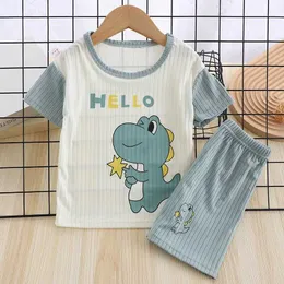 80M3 Pajamas 2024 Childrens Boys and Girls Summer Breathable Cartoon Dinosaur Short sleeved T-shirt Top with Shorts for Preschool Baby Clothing Set d240517