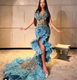 Abito da sera Kylie Jenner Vestido de Fiesta Abito da Ser Das Abendkleid Die Mermaid Blue Sweetheart Feather Long Maniche Nigeria Fashion Yousef Aljasmi