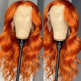 13x4 spetsfront peruk mänsklig hår kropp våg peruker brasiliansk glueless förplucked spets frontala peruker orange färg