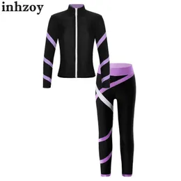 Set di abbigliamento per bambini ragazze sportive ginnastica figura da pattinaggio costume a maniche lunghe a maniche lunghe con leggings yoga correre tracksuitsl2405