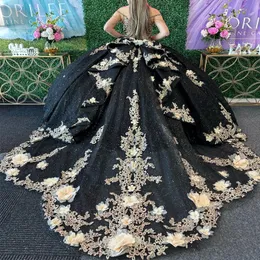 Svart glänsande quinceanera klänningar bollklänning aplique 3d blommor pärlor korsett prinsessan klänning söt 16 vestidos 15 de quinceanera