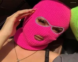 BeanieSkull Caps Shining Diamond Balaclava Face Mask Women Pink Sport Knitted Fleece Ski For Three Hole Hat Shiny Rhinestone Davi5427530
