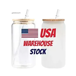 US CA Stock 16oz Sublimation Cola Can Tumbler Clear Frosted Glass Jar with Bamboo Lid Wide Mouth Beer Cup Festival Party Wine Tumblers 0518 4.23 0516