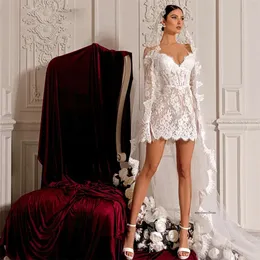 Chic Full Lace Short A Line Wedding Dresses Off the Shoulder Illusion Mini Bridal Gown Long Sleeve Corset Waist robe de Mariage 0516