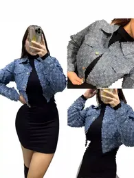 Designer Women's Decorated Fall Long Sleeve Blue Plaid Print Denim Jacket Fashionable O-neck Long Sleeve Loose Jacket Women's Short Top