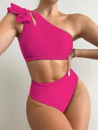 Kobiety stroje kąpielowe 2024 Amazon Sprzedawanie solidnego koloru seksowna podzielona wysoka talia jedno ramię Latające krawędź bikini stroju kąpielowa