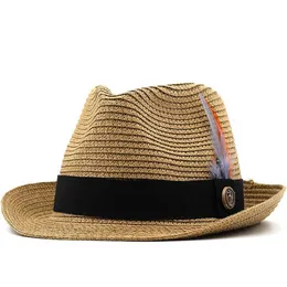 Szerokie brzegowe czapki wiadra czapki letnie rodzic-dziecko kapelusz plażowy żeńska swobodna panama jazz kapelusz mężczyzna marka dżentelmena 5.5 cm Brim Feather Band Straw Cap Boys Sun Hat B240516