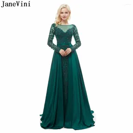 Party Dresses JaneVini Gorgeous Long Sleeves Green Evening Dress Heavy Beading Scoop Neck Satin Gown Luxury Abendkleid Langarm