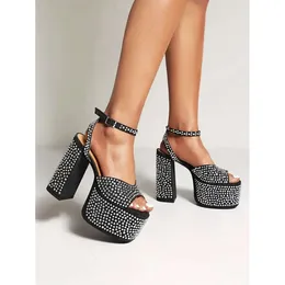 Yeni 2024 Style Lady Süet bayanlar deri 14cm tıknaz yüksek topuk sandalet katı 6cm platform peep-toe dans düğün parti ayakkabı boyutu 34-43 toka elmas 6e54