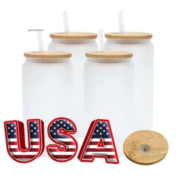 USA /CA Warehouse Oz Sublimação Canecas de cerveja de vidro com tampas de bambu e copos de palha Diy Blanks latas de transferência de calor Caso de café gelado xícaras de uísque Jarros de pedreiro 0516