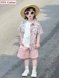 Roupas conjuntos de roupas meninos camisa de verão shorts de duas peças de roupas 2024 Roupas de crianças coreanas Casaco de aniversário fresco rosa 2-9y