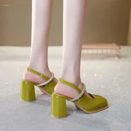 High Summer Heel S Mary Sandals Jane Single Shoes Square المربع عائدًا جوفاء النساء Baotou الفم الضحلة