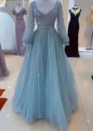 2024 Shinning V Neck Arabic Aso Ebi Evening Dresses Puff Sleeve Sequined Beads A-line Women Formal Prom Gowns Night Party Robe De Soiree