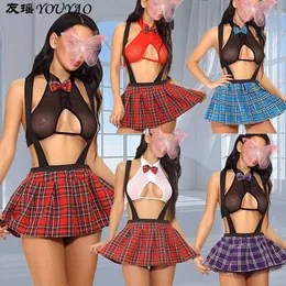 Sexy set youyao feminino vermelho renda quadriculada uniforme de roupas íntimas de roupas íntimas tocando adulto q240514