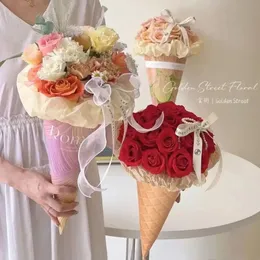 10st Creative Sweet Flower Bag Handmased Gift Rose Wrapping Paper Ice Cream Form Packing Material Romantic Bouquet Supplies 240427