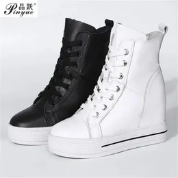 Women Genuine Leather 8cm Hidden Wedge Sneakers Platform Shoes High Heels Sneakers Woman Casual Shoes White Women Trainer 240510
