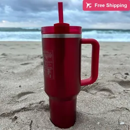 Tumbler de 40 onças de uso múltiplo com alça de aço inoxidável tampa e palha - estanagem de caneca vermelha estanqueidade de estanqueidade Standleiness Staneliness TQN0