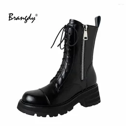 Boots Brangdy For Fashion Ankle Women Cow Leathe Lace-Up Zip Platform Genuine Leather Ladies Winter